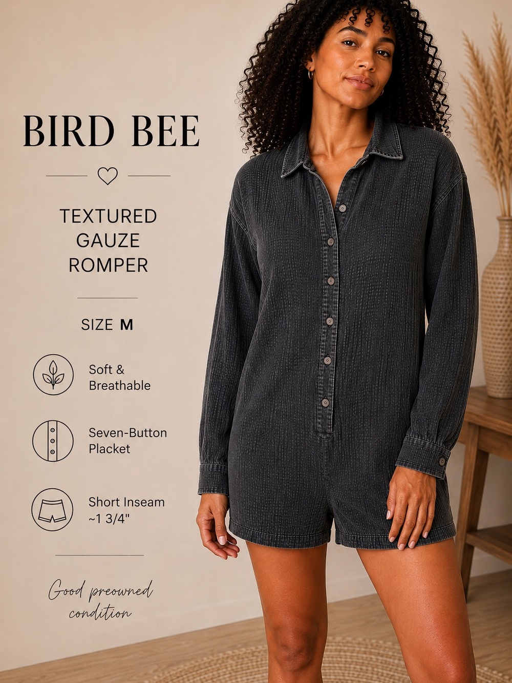 Bird Bee Textured Gauze Romper Charcoal Black Long Sleeve Button Front Size M